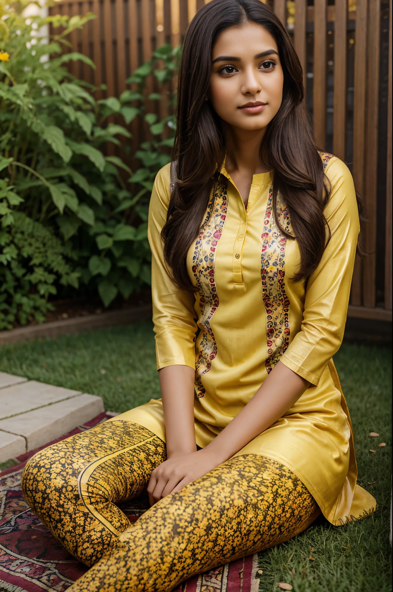 Beautiful ,23 years young girl healthy,confident looking,8k,realistic,dark brown hair,fair skin, indian,long hair,clear facial features, wearing Mustard printed kurta with leggings, sitting on lawn, Outdoor garden