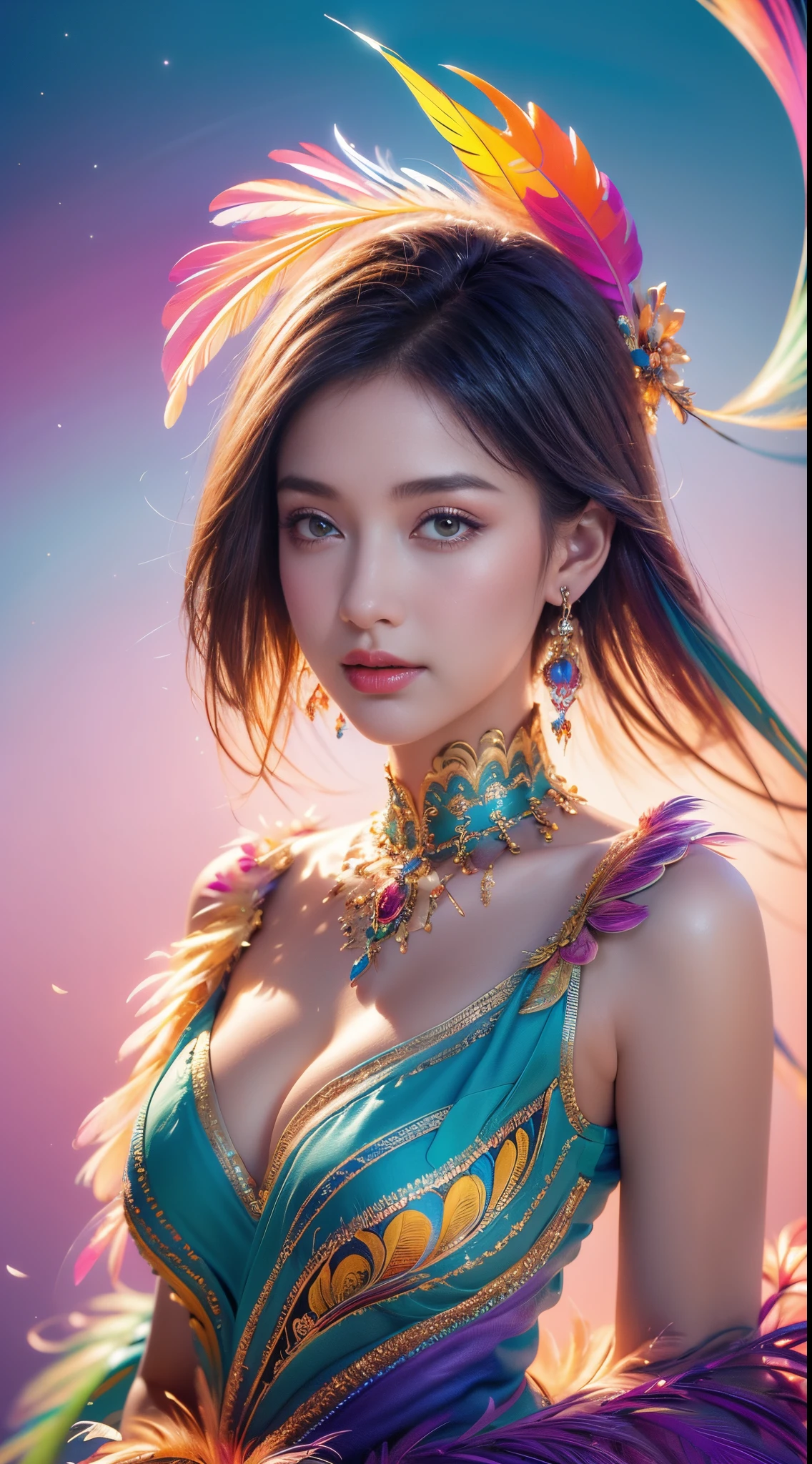 1个Giant Breast Girl,(earrings feather:1.2),(tmasterpiece, quality, Best quality at best, offcial art, Beautiful and beautiful:1.2),The  very detailed,(s fractal art:1.1),(Colorful:1.1),Feather background,