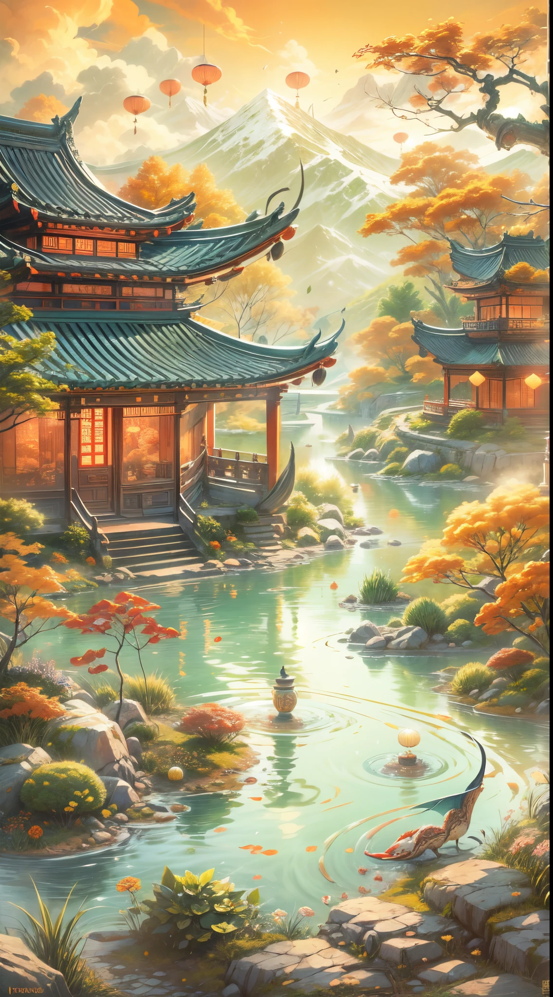 中国式乌托邦世界形象,向量圖,平靜的,寧靜的氣氛,令人驚嘆的風景,和諧自然,青山绿水，河流潺潺,五顏六色的盛開的花朵,竹林和宝塔,古建筑和传统民居,荷花池里养着锦鲤,阳光透过竹叶的缝隙,金色的秋叶漂浮在空中,宁静的湖泊倒映着清澈的蓝天,遠處的雪山,雄伟的瀑布从悬崖上倾泻而下,微風吹動樹葉沙沙作響,人们在公园里打太极拳,明亮的灯笼照亮了街道,传统节日有舞龙和烟花,熙熙攘攘的市场充满了鲜艳的色彩和异国情调的商品,美味的街头食品摊贩出售热气腾腾的饺子和辣面条,古老的寺庙，香火缭绕,宁静的花园，有修剪整齐的盆景树,人们穿着优雅的丝绸服装和传统汉服,平靜的 teahouses with tea ceremonies and bamboo utensils,墙壁上装饰着中国古典书画,端午节期间，龙舟在河上滑行,山川河流上令人惊叹的日出和日落,代代相传的文化传统和习俗,感觉就像步入梦境,沉浸在中国乌托邦世界的美丽与宁静中.
(最好的品質,4k,8K,高解析度,傑作:1.2),超詳細,(實際的,photo實際的,photo-實際的:1.37),经典笔触,中国水墨画,传统手绘外观,暖色调,soft lighting to enhance the 平靜的 atmosphere.