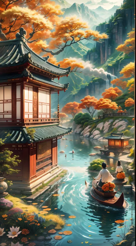 image of a Chinese style utopian world,vector illustration,peaceful,serene atmosphere,breathtaking scenery,harmonious nature,lus...