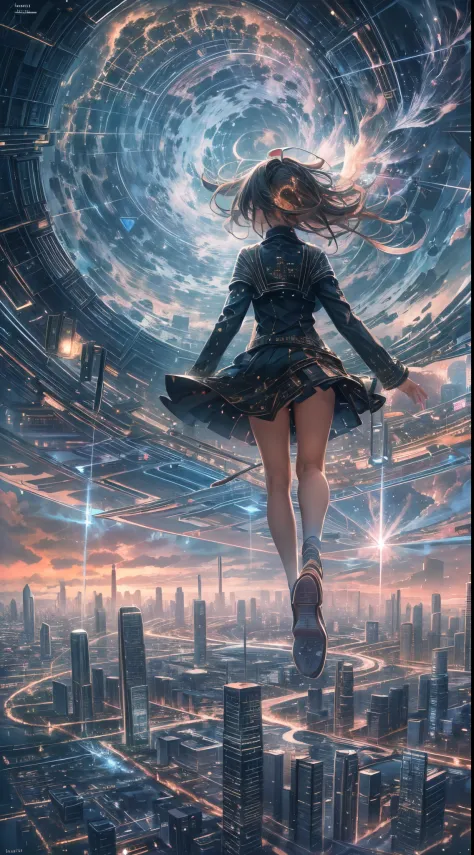 "girl with flowing hair flying in the sky, futuristic buildings with holographic signs, glowing trails of shooting stars, ethere...