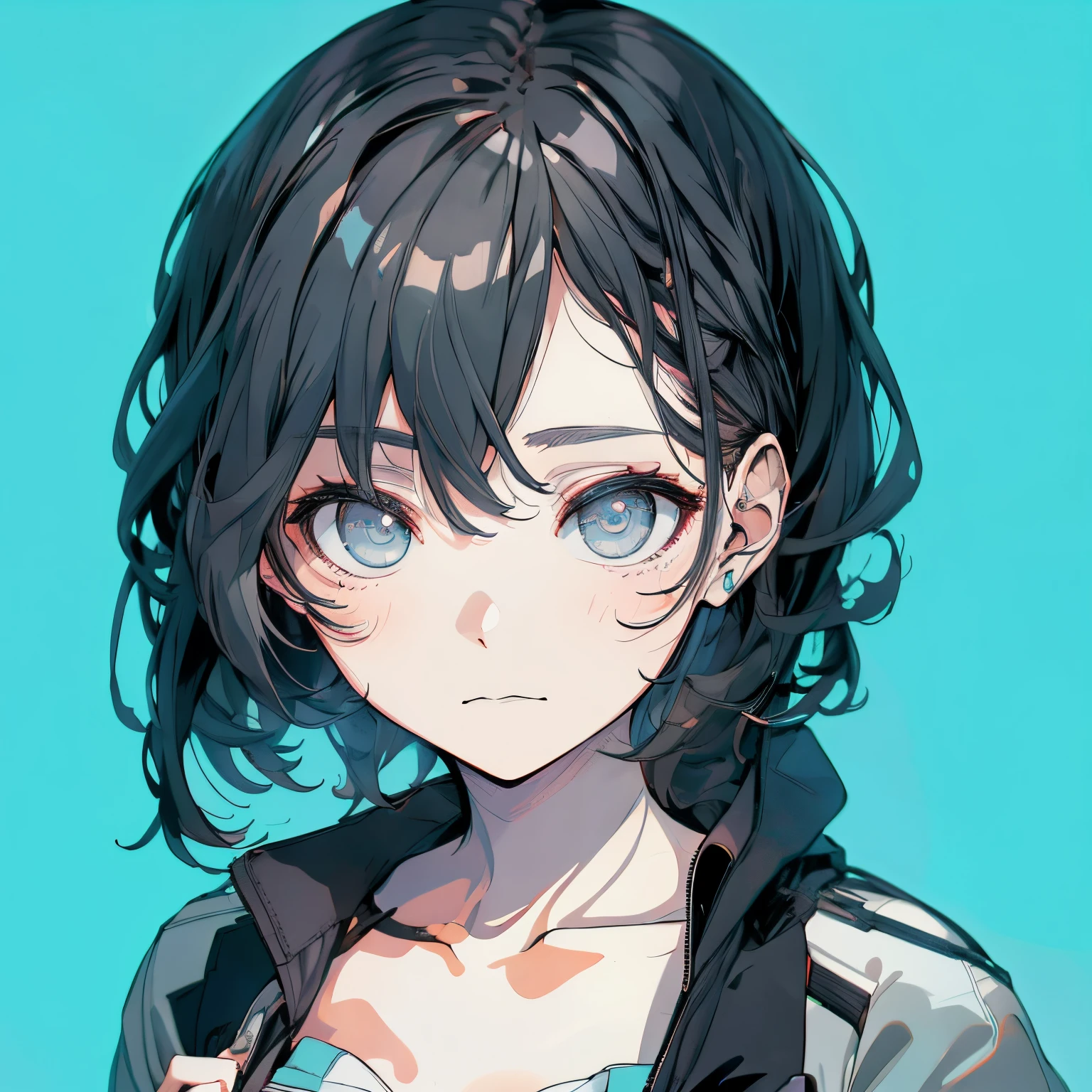 (masutepiece:1.2, Best Quality),  [girl, Manteau, expressioness, Turquoise eyes, front facing, jet-black hair, Jacket comes off, Upper body] (Gray white background:1.7),