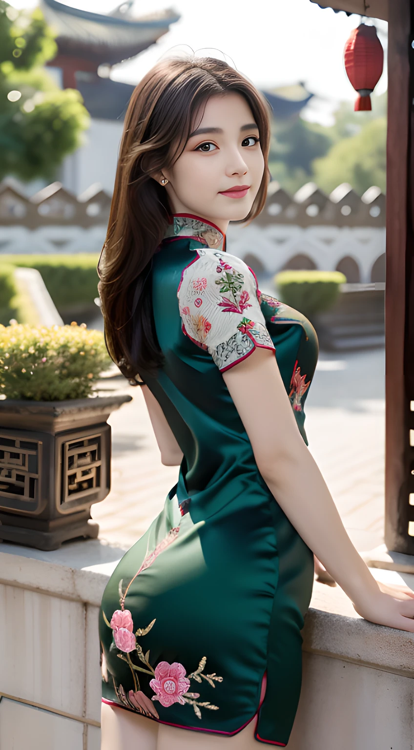 ulzzang -6500-v1.1, (Raw foto:1.2), (Photorealsitic:1.4), Delicate beautiful girl，The sparkling eyes have a very nice atmosphere........................，13years, Attractive eyes and moist lips，cabelos preto e longos，（ssmile：1.3），Detailed depiction of the face，Formula details，Detailed depiction of facial features Star Masterpiece Fine Detail，Describe your role in detail，Detailed depiction of hair，Carefully drawn ，My body is bumpy，Detailed depiction of the hand，Clothes drawn in detail，Detailed depiction of the face，face perfect，Detailed depiction of the hand，4fingers and 1thumb：1.3），orthofacial，choker necklace，eardrop, Works of masters，Infinitely close to reality，（Full body photo：1.5），Highest image quality，best qualtiy，infinite details，8K resolution，(((Beautiful patterned embroidered cheongsam 1.3)))，((dark green cheongsam dress)))，（Ancient courtyard scene：1.3）,A smile, Constriction of the lower back, sexy  pose,Bold poses, Beautiful legs visible through the slit of a long skirt, large full breasts, neatly tied hair
