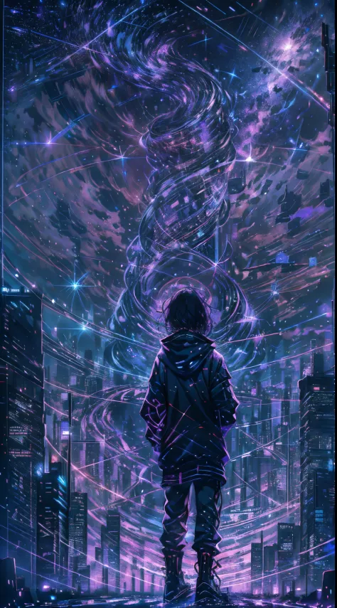 starry sky with the constellations of the zodiac, shades of purple as if they were nebulae, vast space, cyberpunk city at the bo...