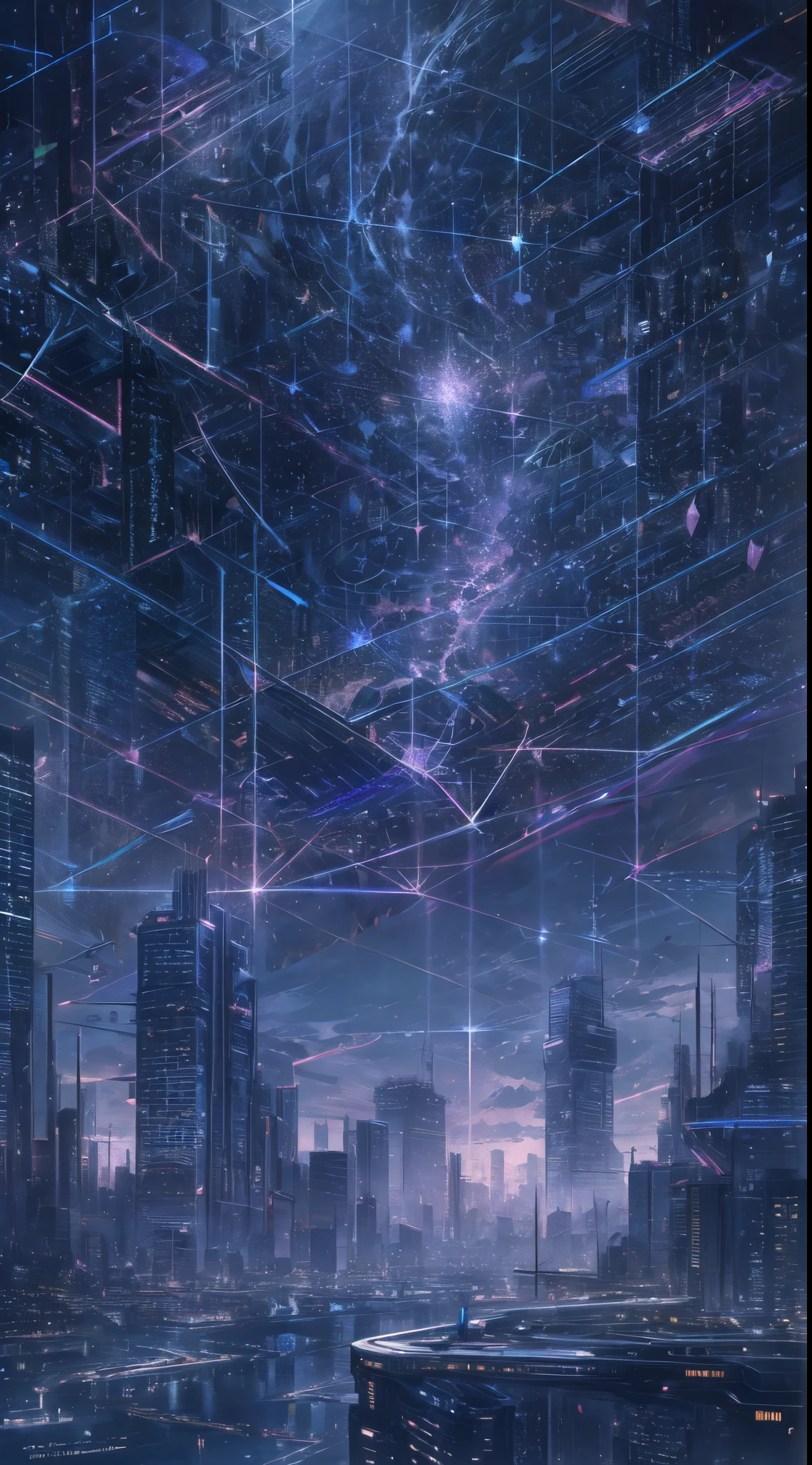 ciel étoilé avec les constellations du zodiaque, nuances de violet comme s&#39;il s&#39;agissait de nébuleuses, vaste espace, ville cyberpunk en bas,