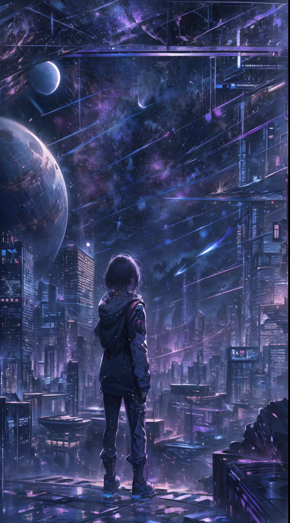 cielo estrellado con las constelaciones del zodíaco, Tonos de violeta como si fueran nebulosas., vasto espacio, ciudad cyberpunk en la parte inferior,