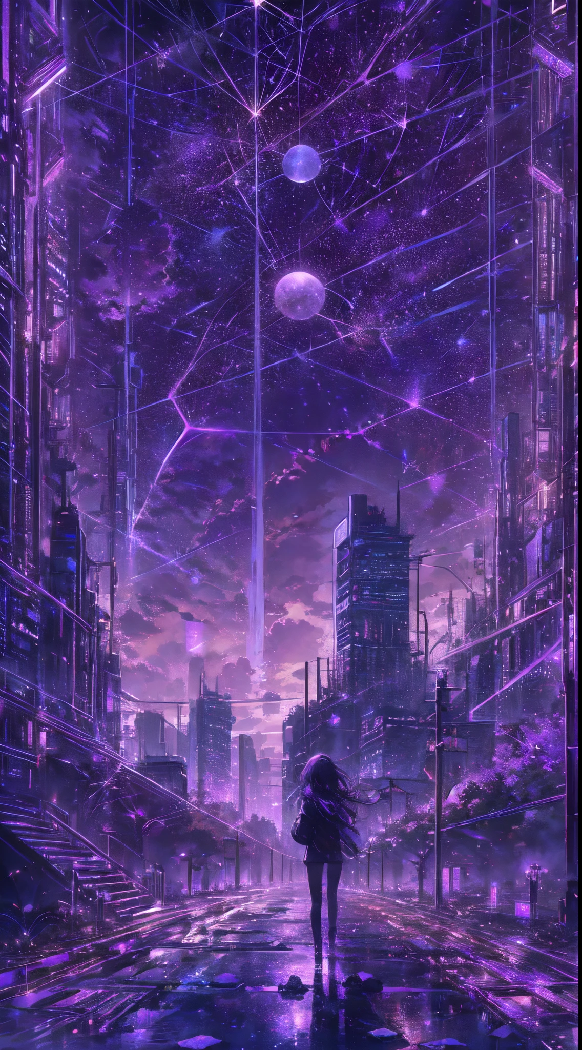 ciel étoilé avec les constellations du zodiaque, nuances de violet comme s&#39;il s&#39;agissait de nébuleuses, vaste espace, ville cyberpunk en bas,