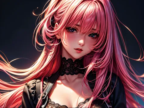 (Best quality at best,8K,A high resolution,tmasterpiece:1.2),Digital artwork, one girl，detailed face，detailed eyes，pink hair，long straight hair，black eyes，red lip，Suspenders