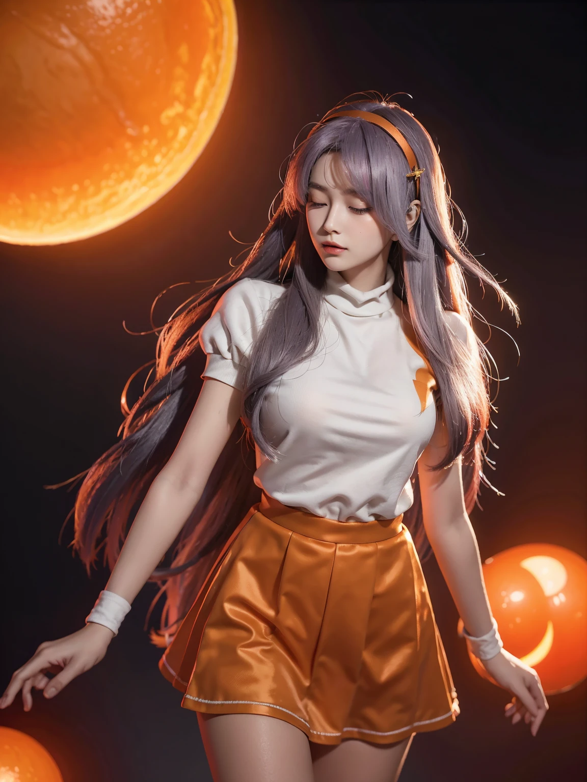 (tmasterpiece), Best quality at best, ultra - detailed, illustratio, warmly lit, vivd colour, 1个Giant Breast Girl, Alone, Very long hair, with gray hair, orange color hair, Orange inner hair, red eyes, Colored inner hair, ahoge, Ridiculously long hair, orange inner hair, Colorful hair, The halo, , , onesie, floated hair, ventania, one eye closed, employee, a skirt, armour, Hats, floating,