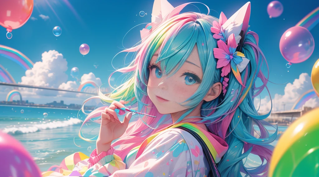 Masterpiece designs by the world's top AI artists, top-quality, 8K, High image quality, (Paint splashes)，Colorful ，Glow Color，girl with，sprawl、(full body Esbian)，Look at the camera，Glass-like outfits，Sleeves glow，large round eyes，cute little，The sky is wide，Cute as a dream、(Beautifully Aesthetic:1.2)、(miku hatsune:1.Make a turn、(rainbow-colored hair、colourful hair:1.2)、colorfull dress、Soap bubbles、colourfull、Hair spreads throughout、kawaii、pastels、Large ribbon、Spark