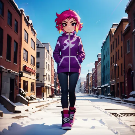 (best quality,4k,highres,masterpiece:1.2), (((scott pilgrim style:1.5))), portraiture, vibrant colors, photographic shot, full body image, (((scott pilgrim takes off))), 1girl, (((short purple hair:))), light tan skin, wearing a parka with her (((hands in ...