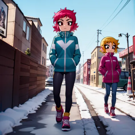 (best quality,4k,highres,masterpiece:1.2), (((scott pilgrim style:1.5))), portraiture, vibrant colors, photographic shot, full body image, (((scott pilgrim takes off))), 1girl, (((short purple hair:))), light tan skin, wearing a parka with her (((hands in ...