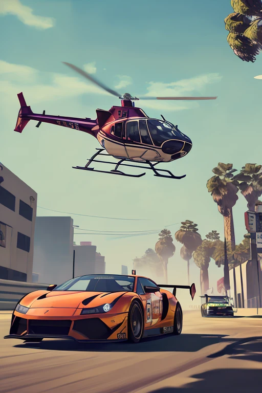 (GTA art, gtav style:1.2), racing race, underground racing, Starting line, starting point, cara, helicopter, (Motion Blur), (best composition), poster style, enhance, intricate, (best quality, masterpiece, Representative work, official art, Professional, unity 8k wallpaper:1.3)