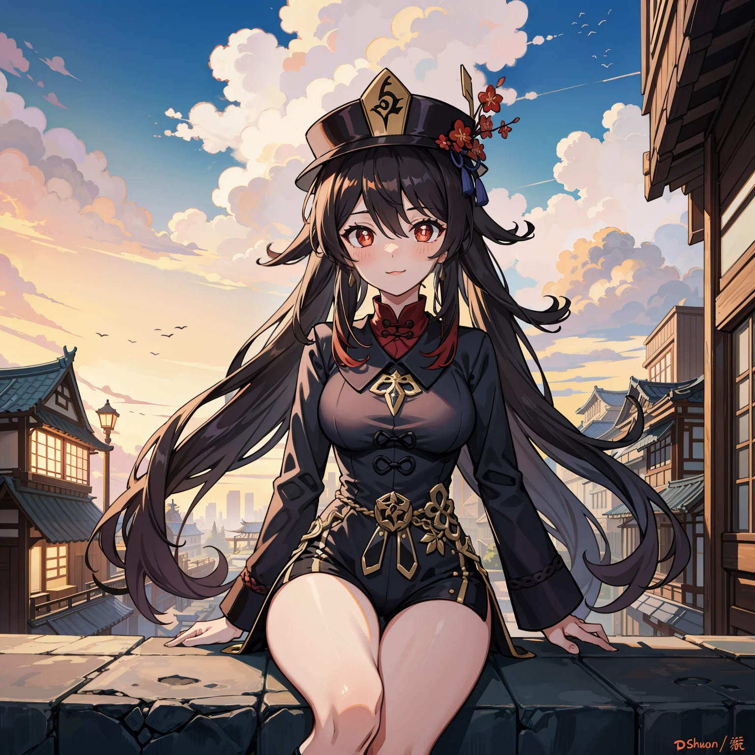 hutao_genshin, black shortlower, black headwear, very long hair, long hair, twintails, brown hair, shoes, red eyes, black footwear, ((cowboy shot)), hair between eyes, sidelocks, symbol-shaped pupils, solo, hat, short shorts, shorts, chinese clothes, :P , socks, kneehighs, white socks, hat ornament, double v, long sleeves, 1girl, blush, looking at viewer, chinese town, town, sky, clouds, night, houses, city, (thighs), (()), ((street)), (white socks), (chinese city background, reliastic background, chinese background), big breasts, sitting