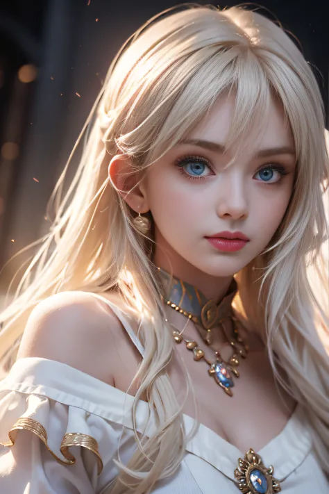 bright expression、Young shiny shiny white shiny skin、Best Look Rondo Reflective Light、Platinum blonde hair with dazzling highlights、shiny light hair,、Super long silky straight hair、Beautiful bangs that shine、Glowing crystal clear attractive big blue eyes、V...