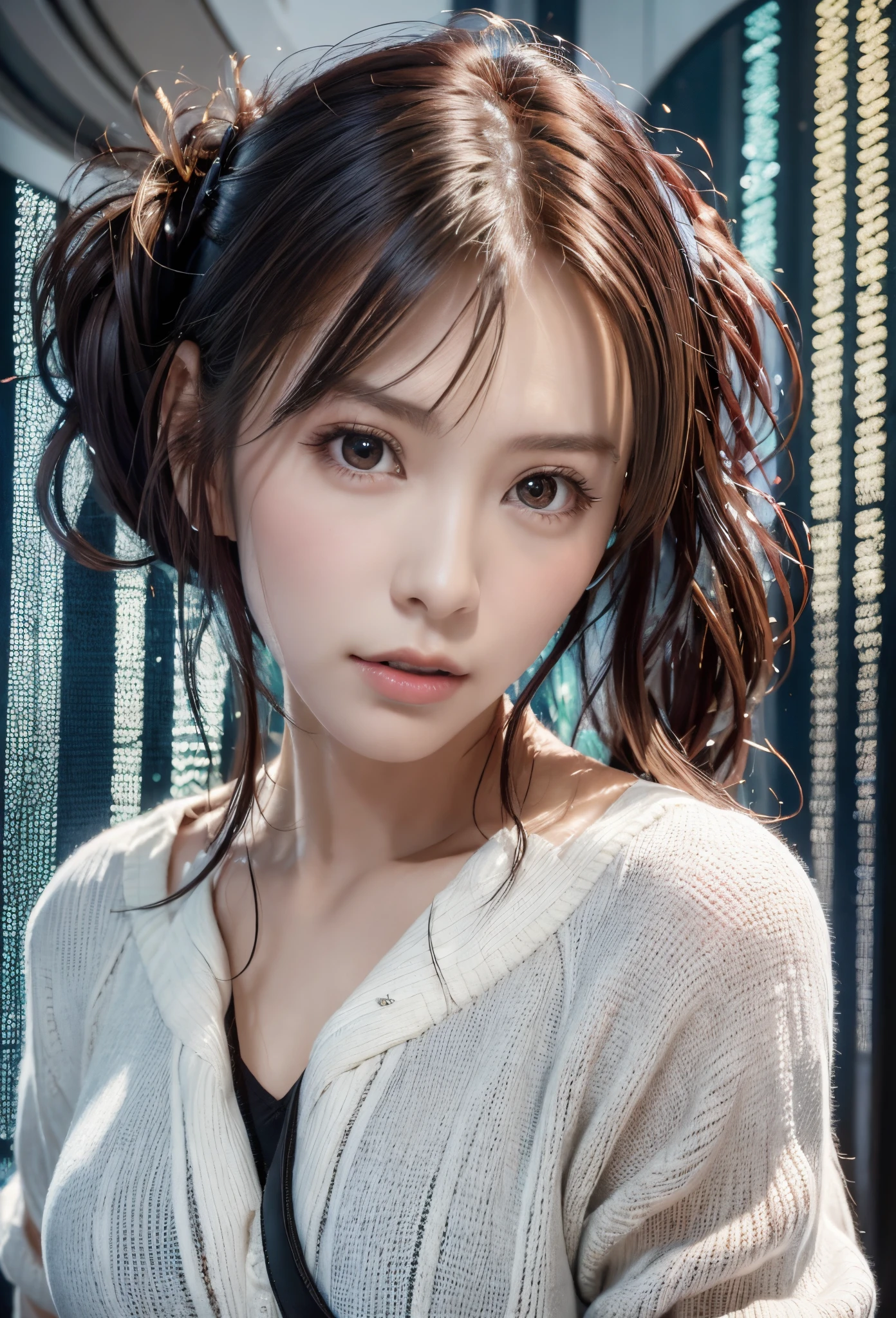 8K, of the highest quality, masutepiece:1.2), (Realistic, Photorealsitic:1.37), of the highest quality, masutepiece, Beautiful young woman, Pensive expression,、A charming、and an inviting look, Oversized knitwear、Hair tied back, Cinematic background, Light skin tone、Ko Shibasaki