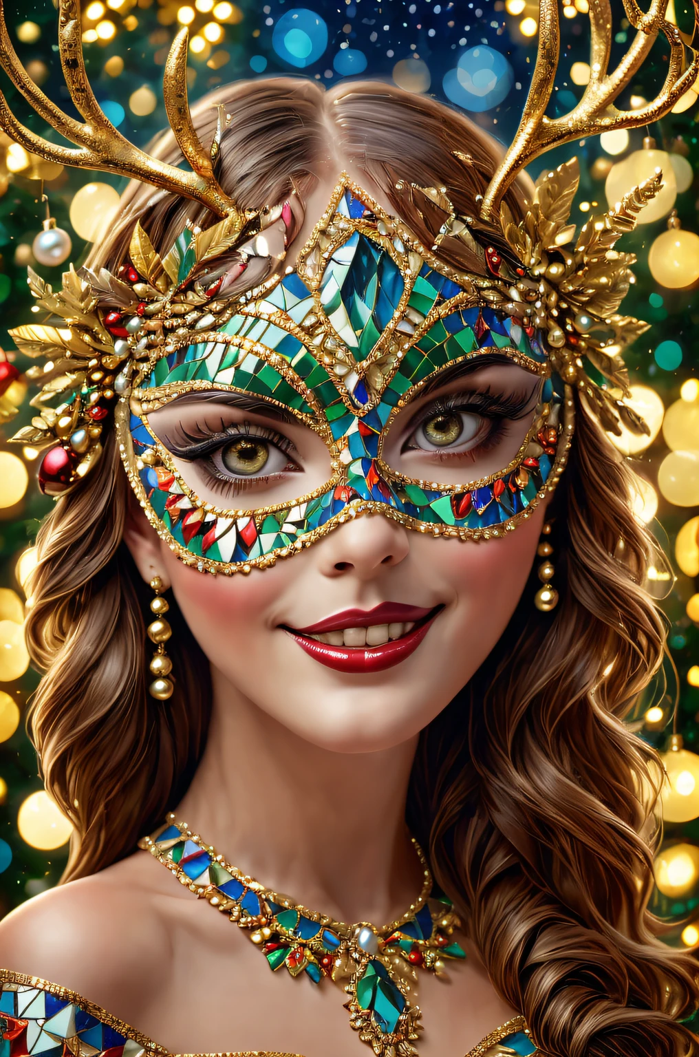 (Mosaic Christmas mask),one-girl,sparkling and delicate eyes,beautiful detailed lips,feater,extremely detailed eye,Cute antlers headdress ,A festive smile, pearls necklace,Golden mosaic pattern on mask, Exquisite craftsmanship, Complex design, vibrant paint palette, hight contrast, Focus sharp, Gloss finish, Impressive artistry, Festive atmosphere, Intricate mosaic tiles, ornate decoration, magical lighting. (Best quality at best,4K,8K,A high resolution,tmasterpiece:1.2),ultra - detailed,(actual,realisticlying,Photorealistic:1.37),sportrait,mosaic art,Christmas celebrations,Festive colors,Shine with charm,Holiday spirit,flashing lights,Colorful ornaments.