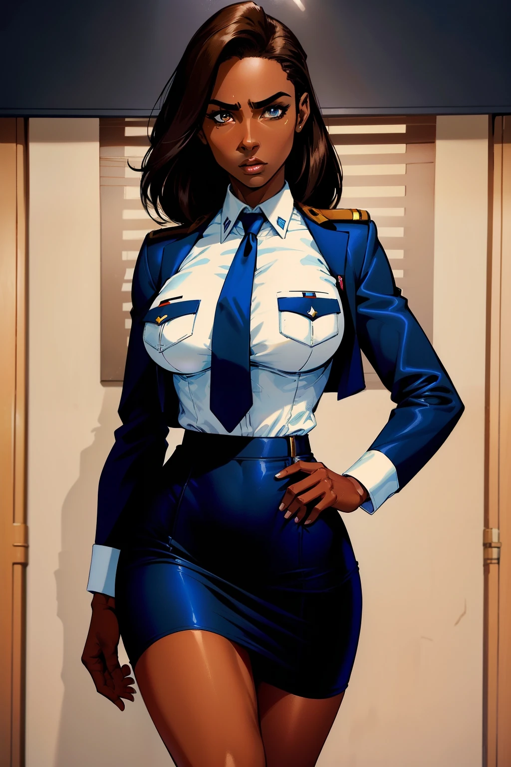 Five-fingered、1 black Female, Alafe Air Force Officer、thin and long legitness Model、abdominaletallic white shirt with breast pocket、blue jacket and pencil skirt、neck tie、Class Chapters、decoration、skin dark tanned、brown skin tone, brown skin, flawless skin、Pose ready to fight