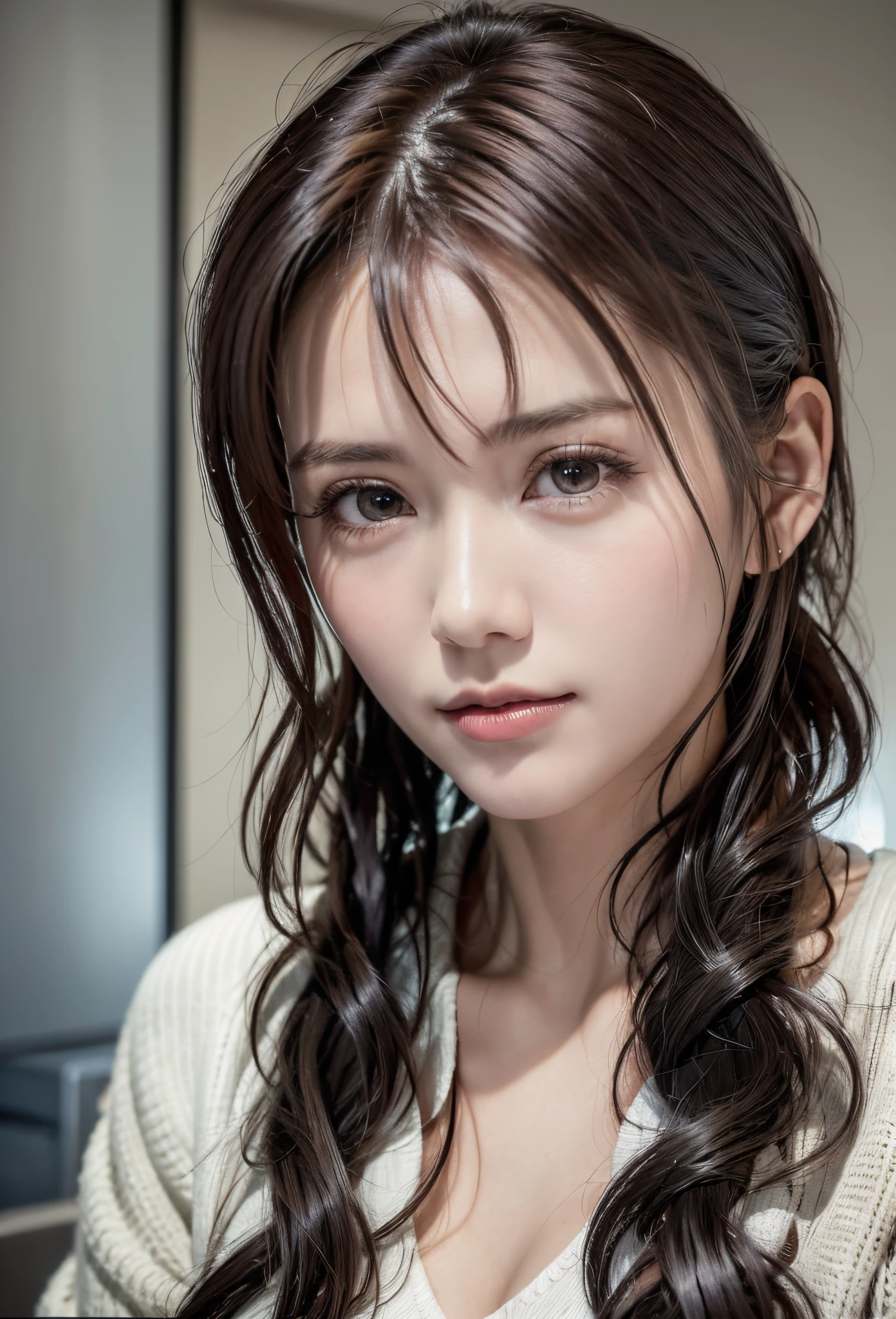 8K, of the highest quality, masutepiece:1.2), (Realistic, Photorealsitic:1.37), of the highest quality, masutepiece, Beautiful young woman, Pensive expression,、A charming、and an inviting look, Oversized knitwear、Hair tied back, Cinematic background, Light skin tone、Ko Shibasaki