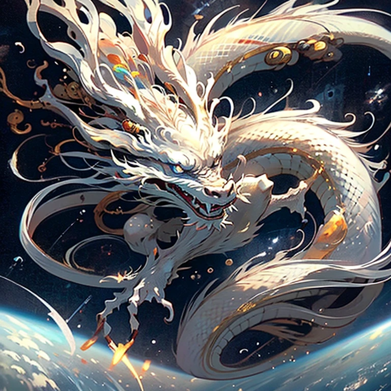 16K ultra-high definition masterpiece 、Silver White、Chinese Dragon、Mouth wide open、Looking down at the earth and flying through space