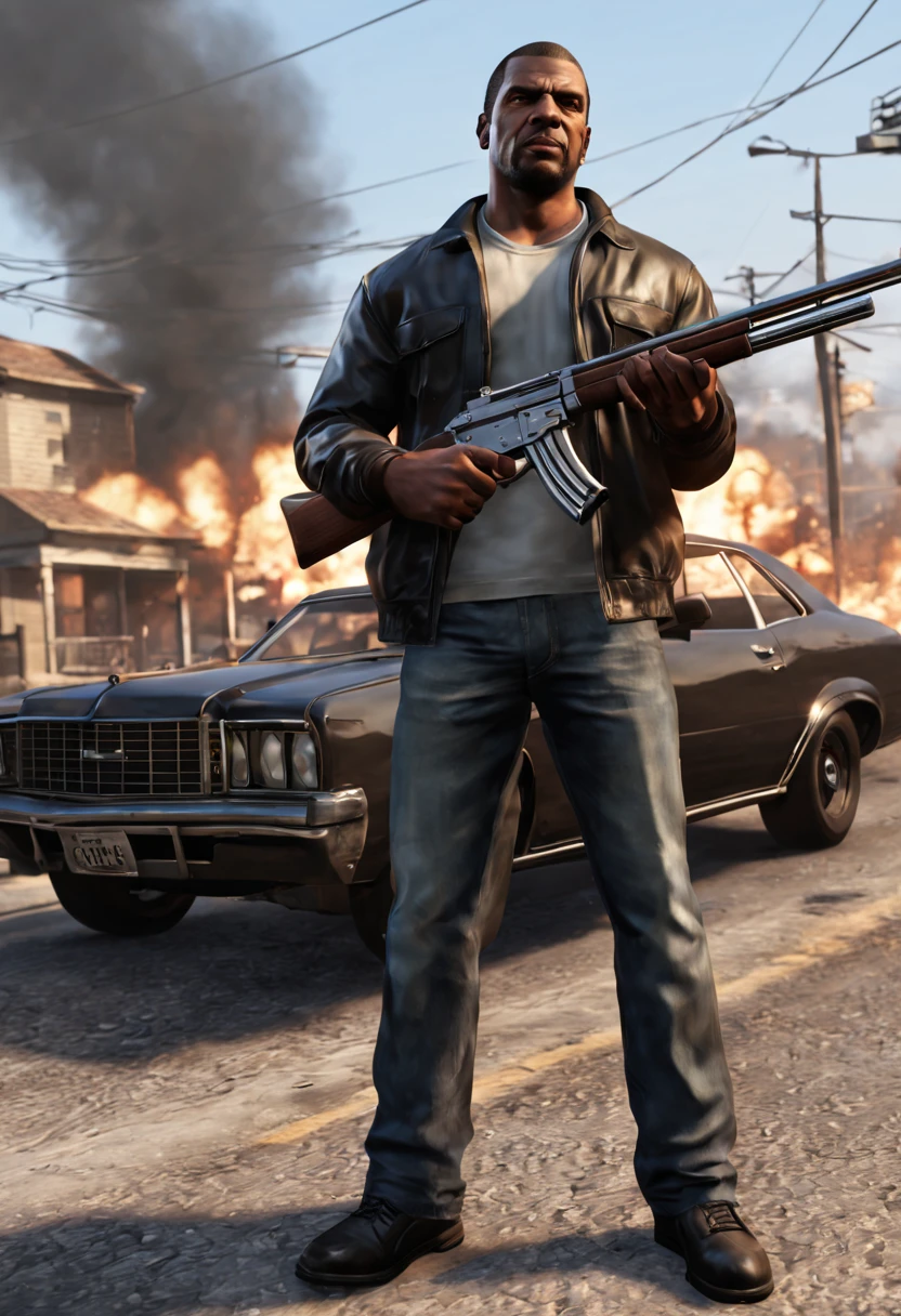 grand theft auto series,cars and humans,Man with a shotgun,muscular criminal,Americans,Evil smile,explosions,detailed gun details,​masterpiece,film like,
