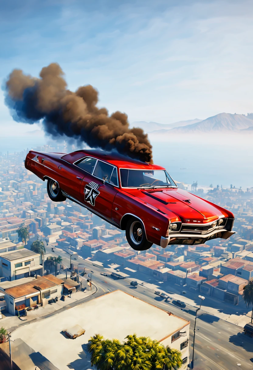 (GTA art, gtav style:1.2), a car  floating with smoke, bombing, Dirk Crabeth, david rudnick, concept art, hyperrealism, enhance, intricate, (best quality, masterpiece, Representative work, official art, Professional, unity 8k wallpaper:1.3)