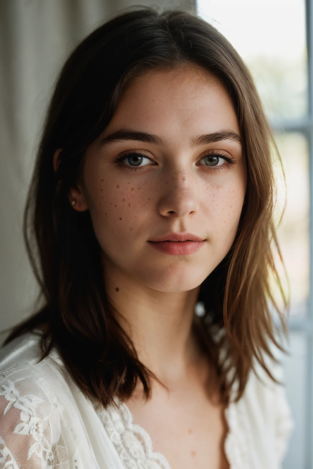 norvegian girl, french girl, close up, light nightgown, (detailed eyes, (looking at the camera:1.3), (highest quality:1.4), (best shadow:1.2), intricate details, interior, platine hair:1.3, dark studio, freckle, (8k, RAW photo, best quality, masterpiece:1.2, masterpiec8K.HDR. highresabsurdres:1.2, film grain, blurrybokeh:1.2, lens flare, (delicate)), no moles,