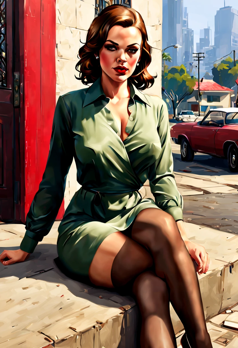 (GTA art, gtav style:1.2), 1girl, (relax sitting), knees separation, red lips, brown long hair, collared shirt and dress shirt, long sleeves,(knees length dress), (240D wrap hip very thick pantyhose),color high heels, good anatomy, good proportions, good pose,perfect legs,(pair shoes,pair legs:1.2), nice hand,nice figure, outdoors, buildings, enhance, intricate, (best quality, masterpiece, Representative work, official art, Professional, unity 8k wallpaper:1.3)