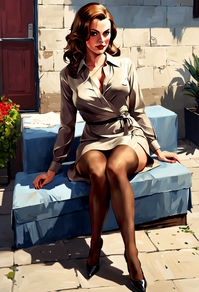 (GTA art, gtav style:1.2), 1girl, (relax sitting), knees separation, red lips, brown long hair, collared shirt and dress shirt, long sleeves,(knees length dress), (240D wrap hip very thick pantyhose),color high heels, good anatomy, good proportions, good pose,perfect legs,(pair shoes,pair legs:1.2), nice hand,nice figure, outdoors, buildings, enhance, intricate, (best quality, masterpiece, Representative work, official art, Professional, unity 8k wallpaper:1.3)