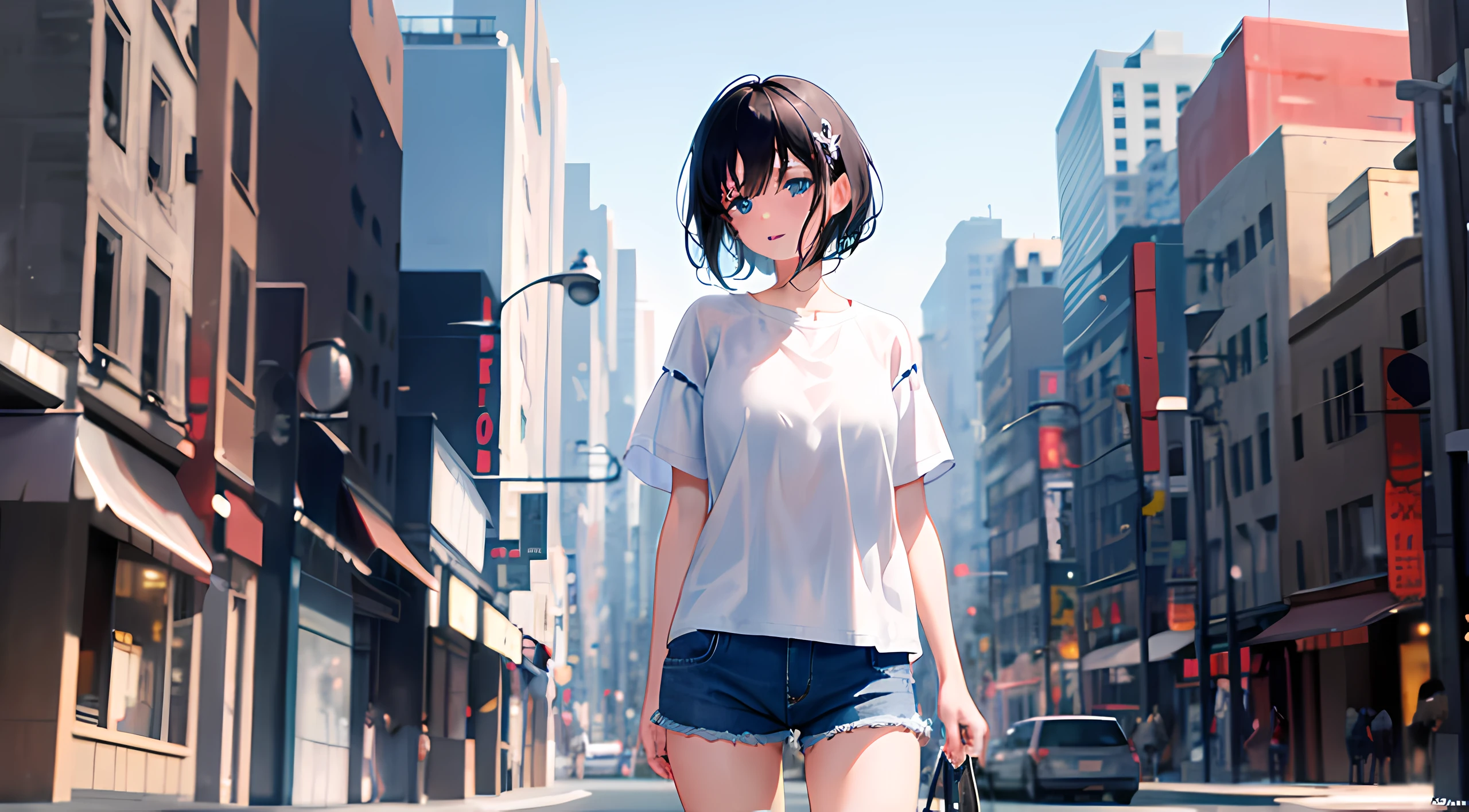 1个Giant Breast Girl, with short black hair, eBlue eyes, Wearing a plain transparent white shirt, denim short, 城市, absurd res, A high resolution, Super sharp, 8K, tmasterpiece, looking at viewert