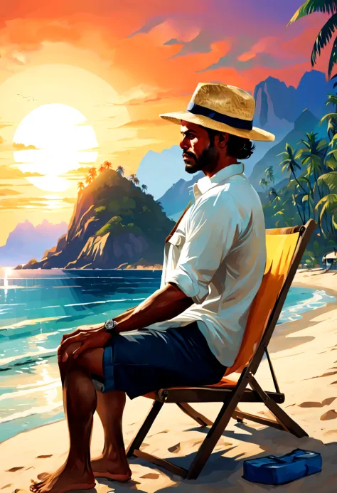 (GTA art, gtav style:1.2), The beach vacationer  wearing a loose white shirt, shorts below, and a straw hat on his head. The exp...