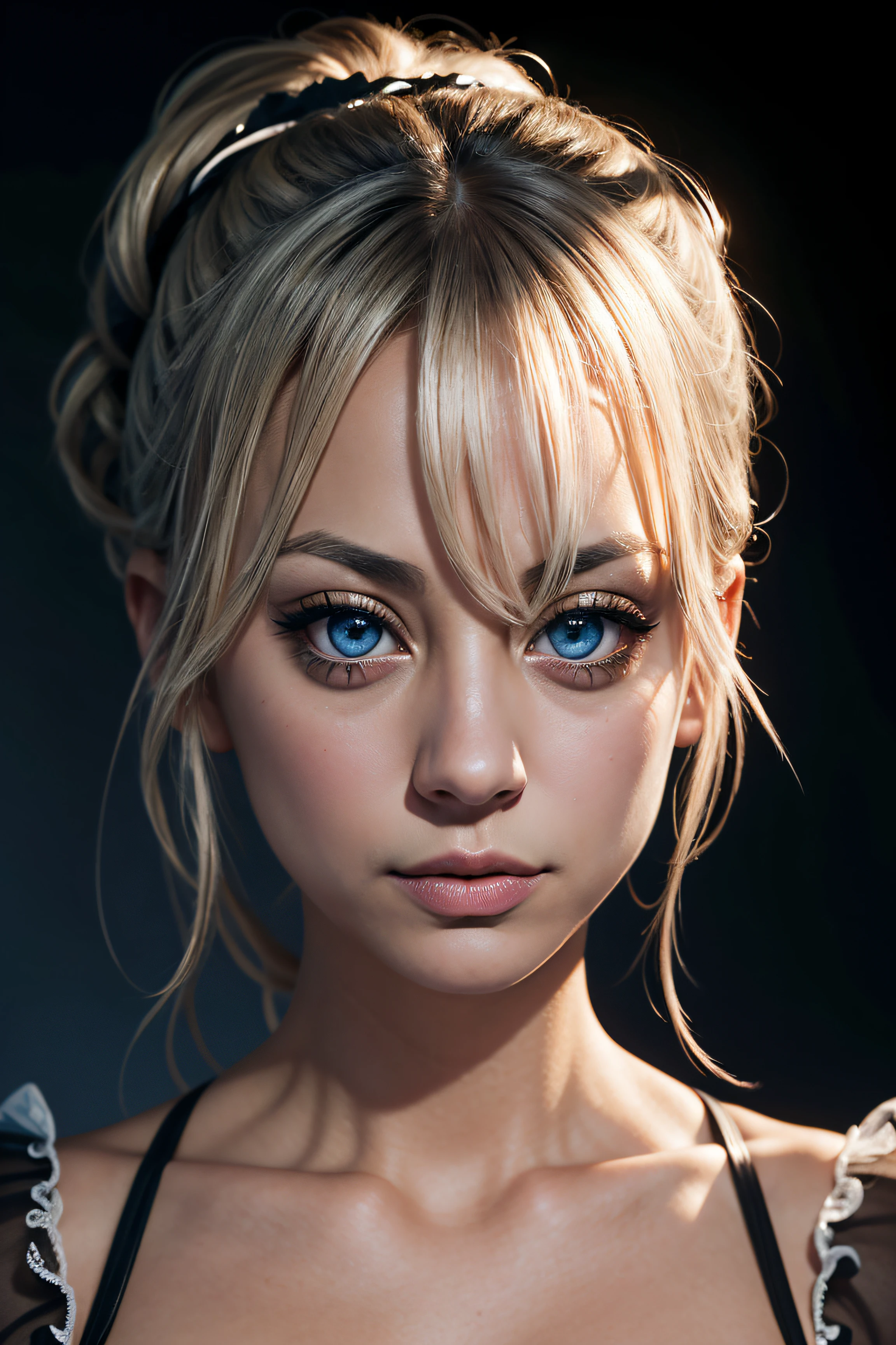 A close up of a woman with blue eyes and a bun bun - SeaArt AI