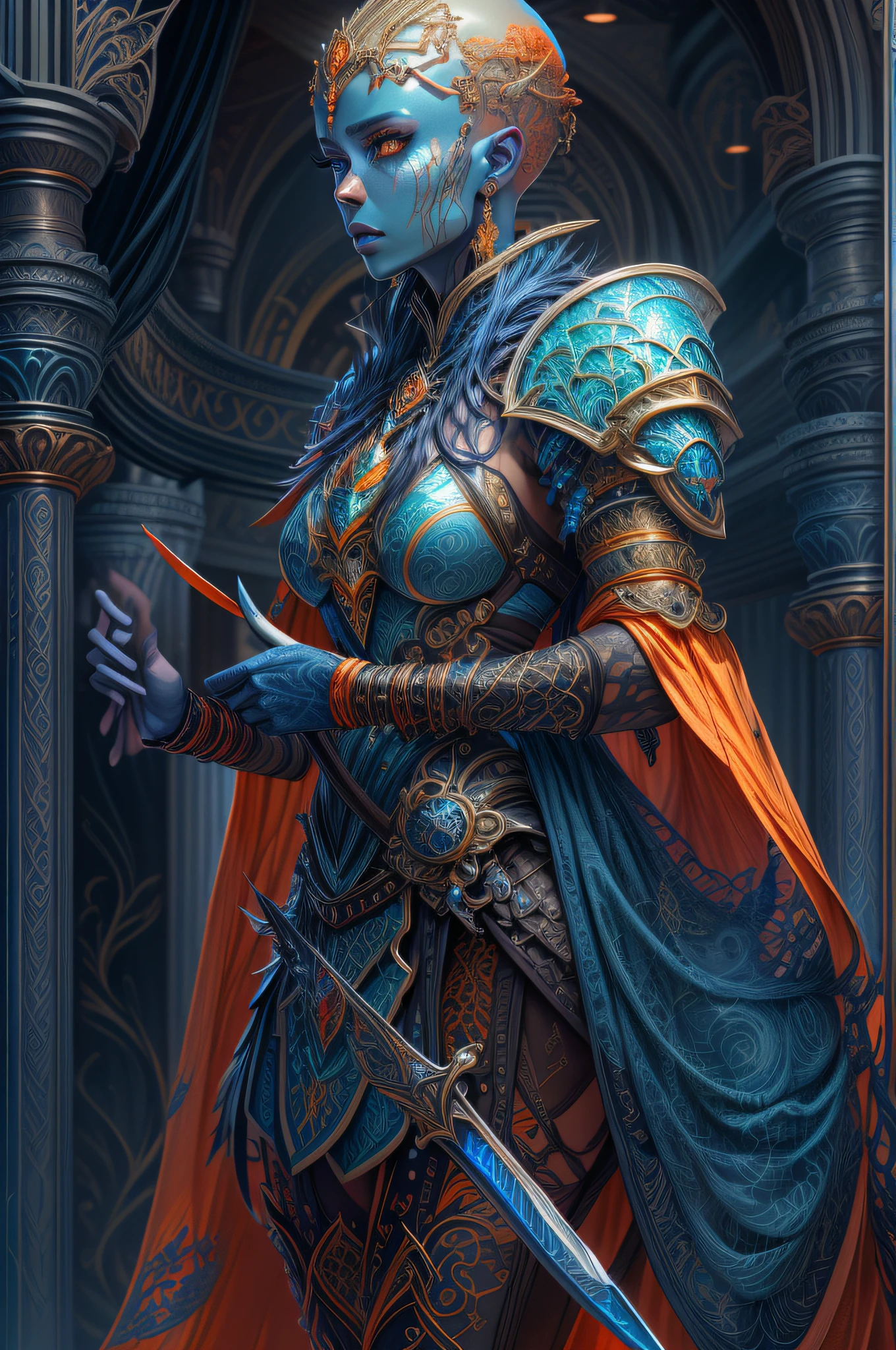 fantasy art, dnd art, RPG art, drkfntasy wide shot, (masterpiece:1.3), full body intense details, highly detailed, photorealistic, best quality, highres, portrait of a exotic race vedalken female (fantasy art, Masterpiece, best quality: 1.3) (blue colored skin: 1.3), intense details facial detail fantasy art, Masterpiece, best qualitGlowingRunes_palebluey)cleric, (blue colored skin: 1.3) 1person blue_skin, (bald head: 1.4), intense green eye, fantasy art, Masterpiece, best quality) armed a glowing sword , wearing heavy (white: 1.3) half plate mail armor LnF wearing high heeled laced boots, wearing an(orange :1.3) cloak within fantasy temple background and sun and clouds, reflection light, high details, best quality, 16k, [ultra detailed], masterpiece, best quality, (extremely detailed), dynamic angle, ultra wide shot, photorealistic, RAW, fantasy art, dnd art, fantasy art, realistic art