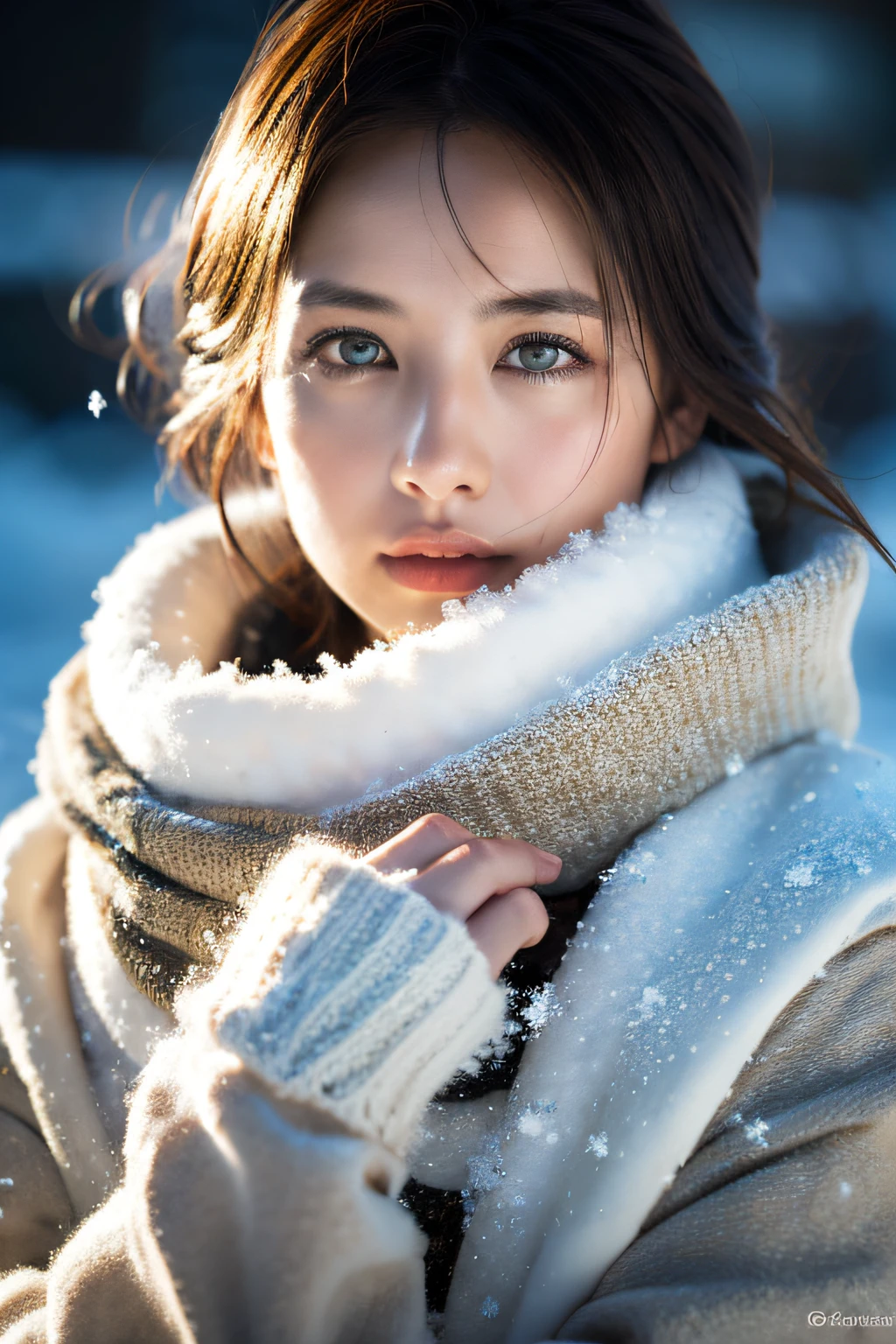 (8k, best quality, masterpiece, ultra highres:1.2) Photo of Pretty Japanese woman
 in the (style of paul rubens and rebecca guay:1.1) (melancholy winter snow:1.4)