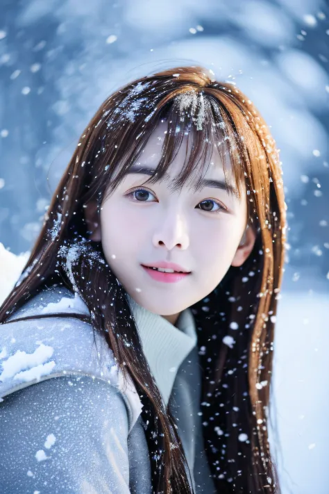 realistic photos of (1 cute Korean star) Shoulder-length hair, thin makeup, medium breasts size, wearing coat, in the snow, clea...