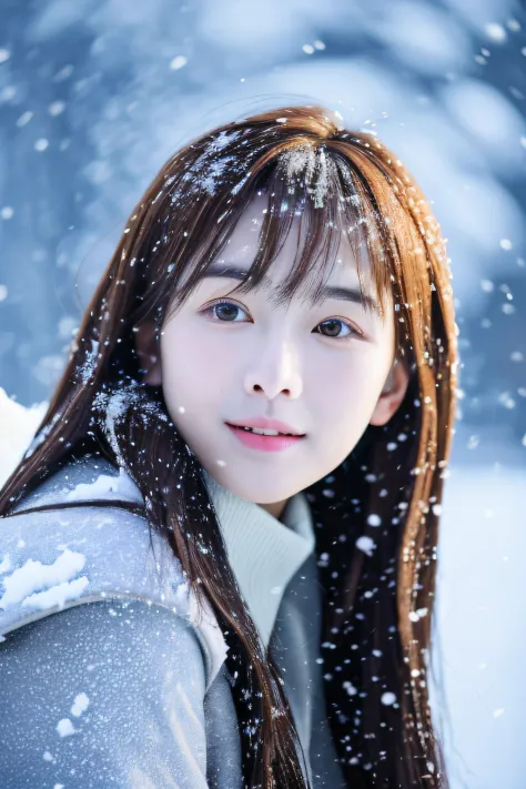 realistic photos of (1 cute korean star) shoulder-length hair, thin makeup, medium breasts size, wearing coat, in the snow, clea...