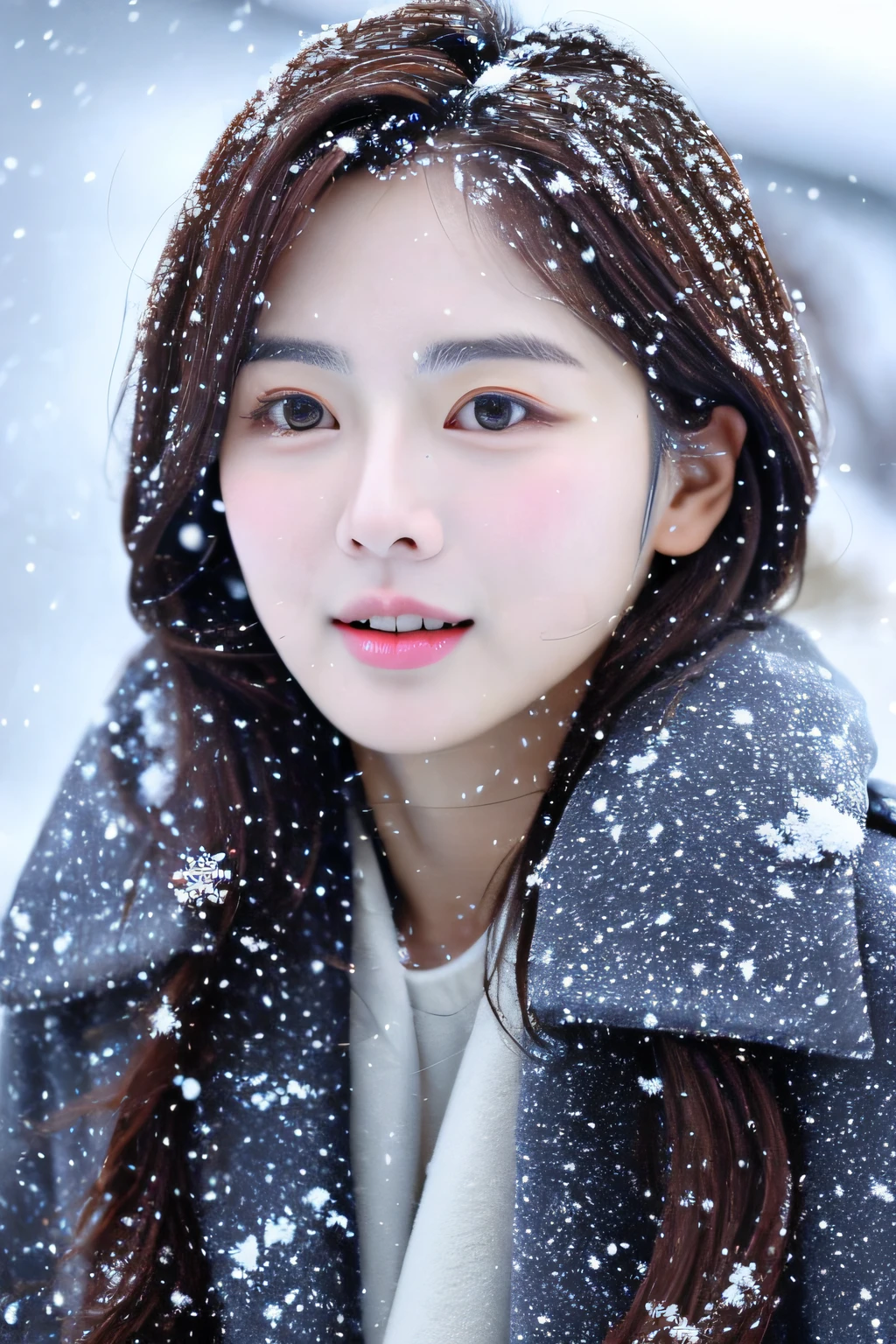 realistic photos of (1 cute Korean star) Shoulder-length hair, thin makeup, medium breasts size, wearing coat, in the snow, clear facial features, 8K high resolution, sharp and realistic details.from outside, Eye-Level Shot, f/4.0, 135mm, Fujifilm, jpeg artifacts, dithering, UHD, masterpiece