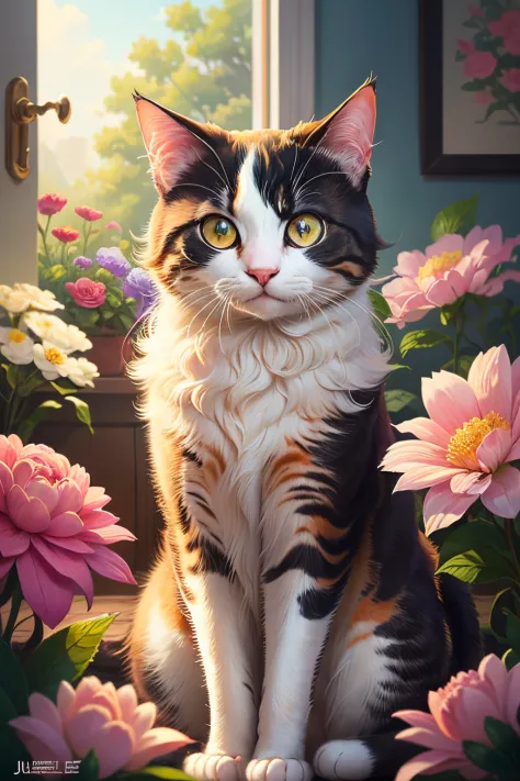 There was a cat sitting in a bouquet of flowers, Cute detailed digital art, cute detailed artwork, 4k highly detailed digital art, Beautiful digital artwork, 4K detailed digital art, gorgeous digital art, beautiful digital art, Detailed painting 4 K, cat d...