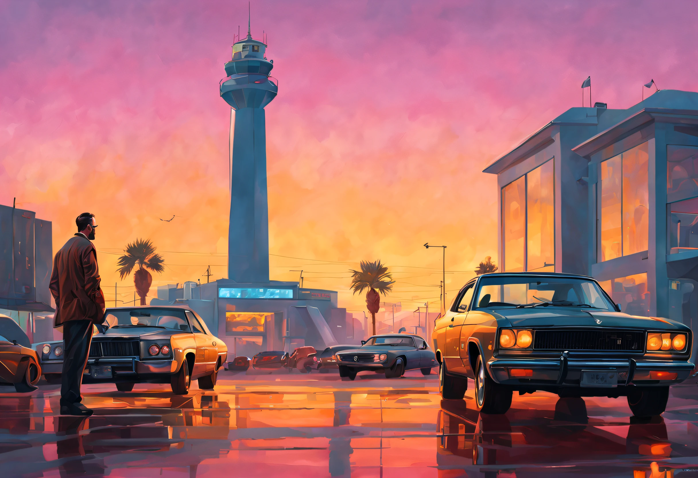 Estilo de tela de carregamento do GTA Vice City, Grupo de gangsters, jóias de platina, anéis de diamante, no luxuoso lobby de um hotel, pôr do sol, postura arrogante, belos relógios, pintura digital altamente detalhada, arte conceitual, suave, foco nitído, hdr, lindamente filmado, simétrico, ilustração, professional ominous arte conceitual, por artgerm e greg rutkowski, um intricado, elegante, pintura digital altamente detalhada, arte conceitual, suave, foco nitído, ilustração, no estilo de Simon Stalenhag, Wayne Barlowe, e igor Kieryluk.