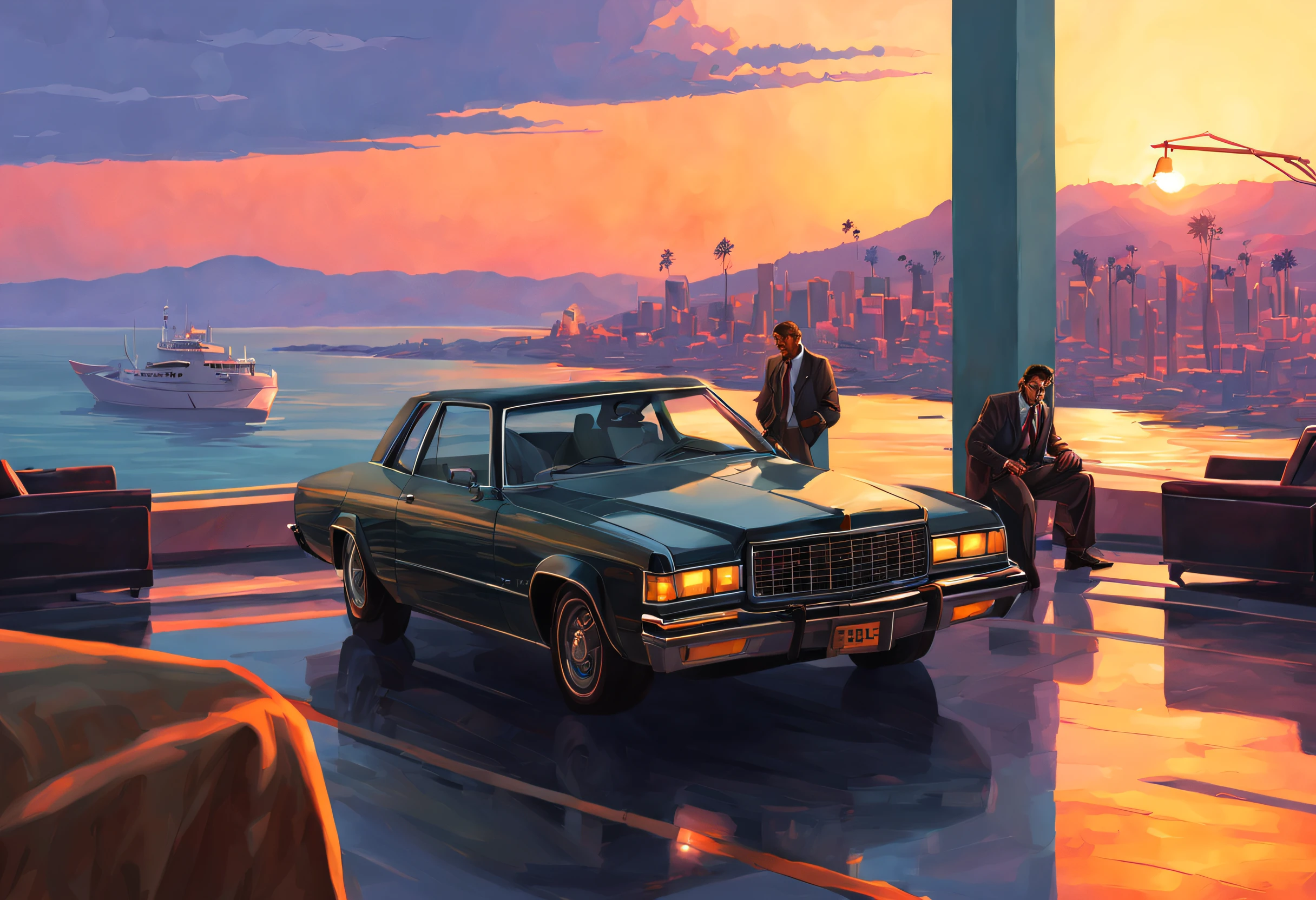 GTA Vice City-Ladebildschirmstil, Gruppe von Gangstern, Platinschmuck, Diamantringe, in a luxuous hotel lobby, Sonnenuntergang, arrogante Haltung, schöne Uhren, hochdetailliertes digitales Gemälde, Konzeptkunst, glatt, scharfer Fokus, HDR, wunderschön geschossen, symmetric, Illustration, professional ominous Konzeptkunst, by artgerm and greg rutkowski, eine komplizierte, elegant, hochdetailliertes digitales Gemälde, Konzeptkunst, glatt, scharfer Fokus, Illustration, im Stil von Simon Stalenhag, Wayne Barlowe, und Igor Kieryluk.