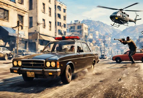 Two thieves on a car shooting firearms while escaping from the police, helicopters and police cars chasing on the background, Grand Theft Auto V Poster art style