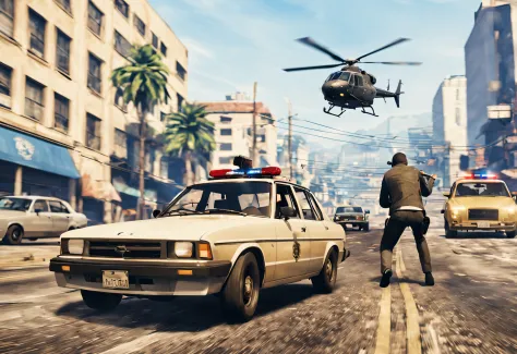 Two thieves on a car shooting firearms while escaping from the police, helicopters and police cars chasing on the background, Grand Theft Auto V Poster art style