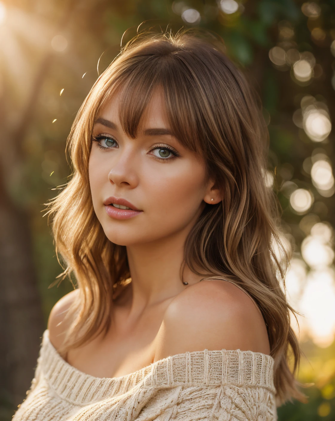 Close Protrait. Upper body shot.  young beautiful woman. Swedish goddess. 30 years old woman. Pearl skin. Mouth closed. Light brown eyes. Short wavy blonde hair with bangs. Off shoulders sweater. juicy lips. Lovely  look. 4k details. Intrincated details. Realistic. Trees and plants background. Bright sunset backlight.