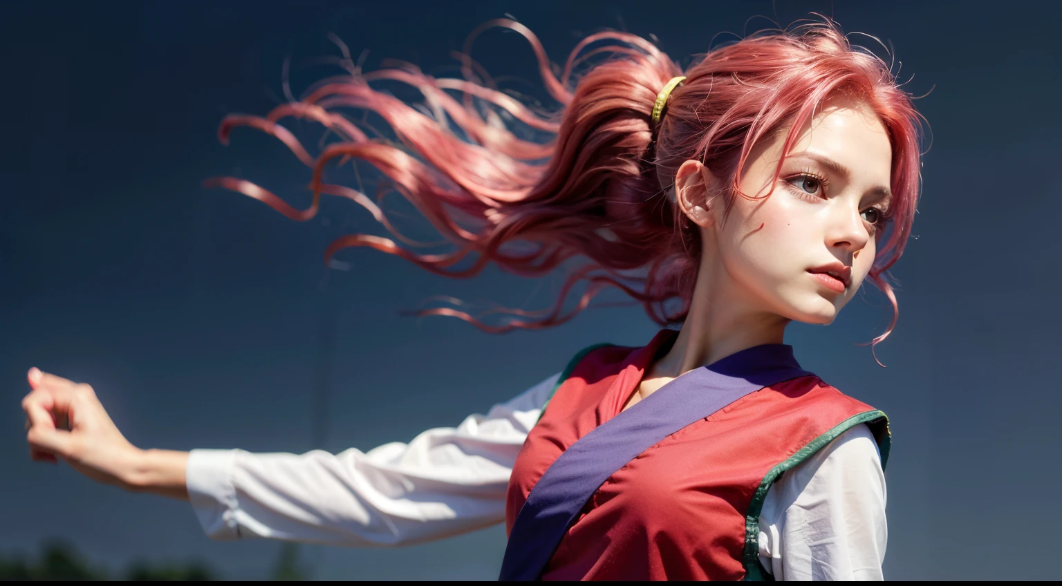 masterpiece, best quality,solo,1girl, ponytail, long hair, upper body, pink hair, red hair, long sleeves, looking at viewer, brown eyes, yellow eyes, shirt, closed mouth, arm up, floating hair, red shirt,