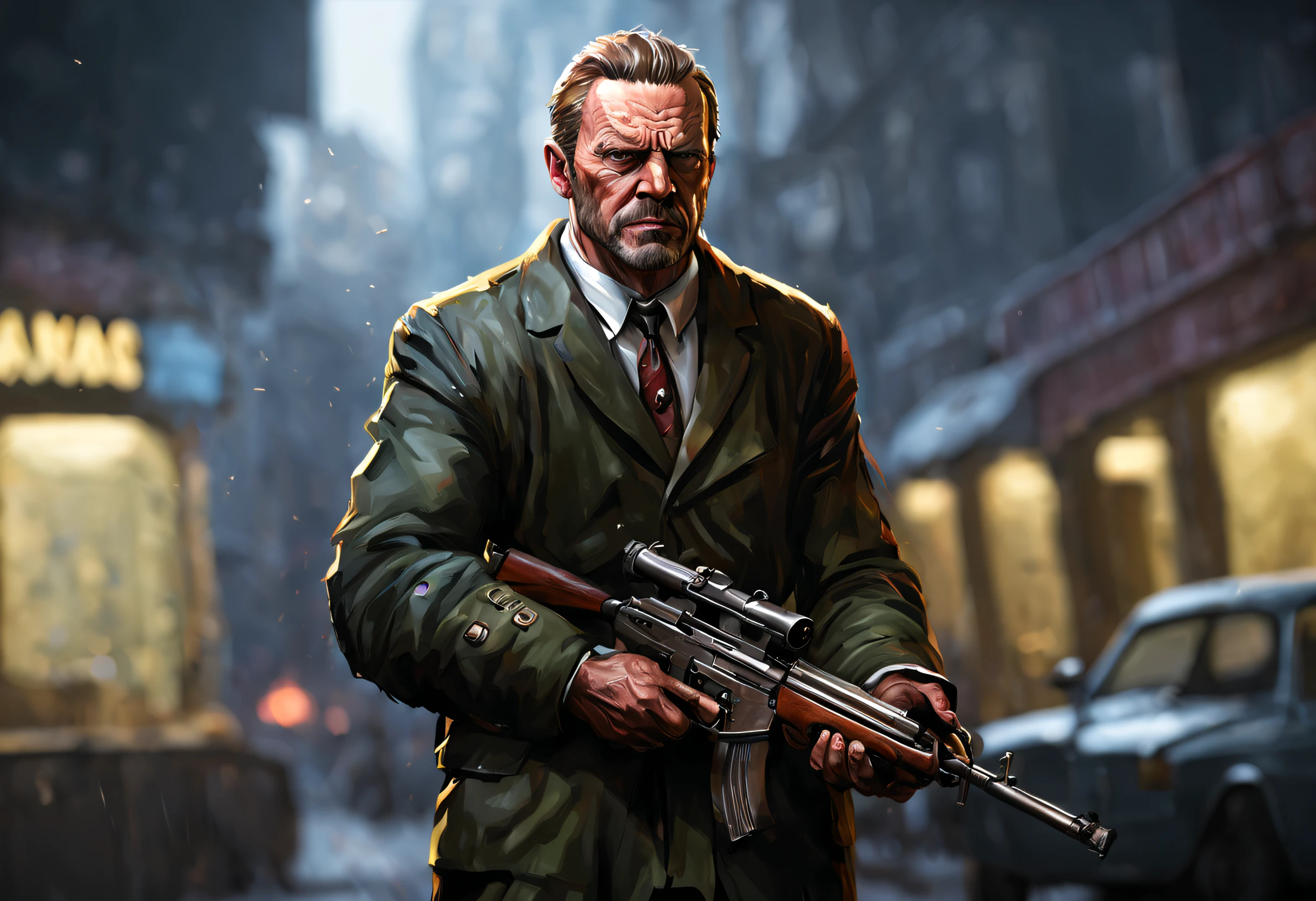 A character with GTA 5 style, GTA 5, 32 anos, máfia, segura AK47, M16, Shaw fora da espingarda, pistola, Homem solteiro, homem de terno, Cena noturna, professional ominous arte conceitual, por artgerm e greg rutkowski, um intricado, elegante, pintura digital altamente detalhada, arte conceitual, suave, foco nitído, ilustração, no estilo de Simon Stalenhag, Wayne Barlowe, e igor Kieryluk.