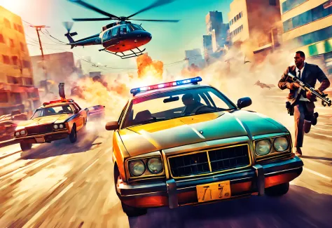 Two thieves on a car shooting firearms while escaping from the police, helicopters and police cars chasing on the background, Grand Theft Auto V Poster art style, vibrant colors