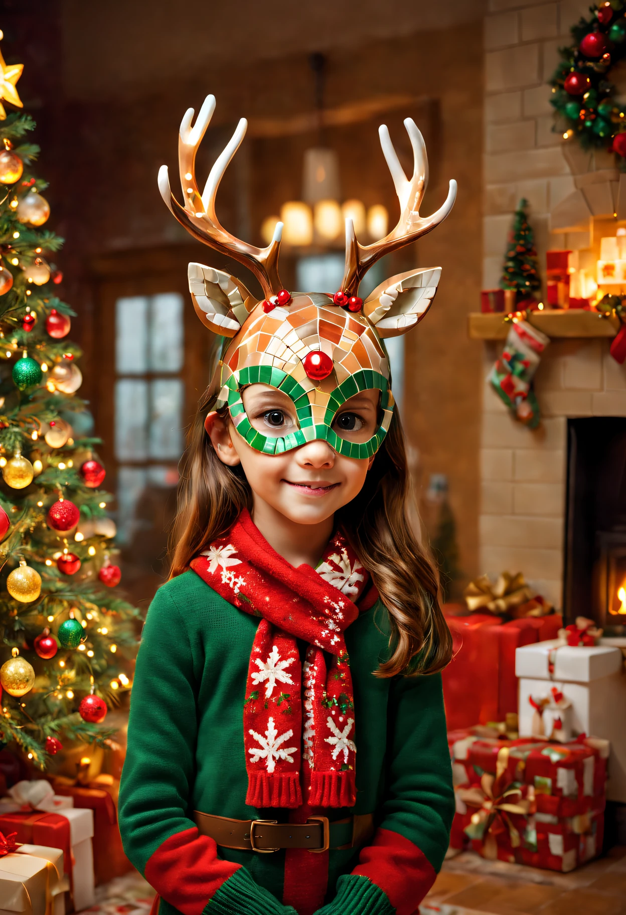 one-girl ,(A cute deer mask，Christmas material for mosaics:a mosaic,cute big breasttra detail:Cosy and comfortable living room, Colorful Christmas lights, A beautifully decorated Christmas tree, crackling fireplace; Picture quality:(Best quality at best, A high resolution, actual:1.37), vivd colour, Focus sharp; art-style: vacation, mosaic art, Christmas atmosphere, festive; shades:a warm color palette, red and green accents; lamplight:The soft, warmly lit.