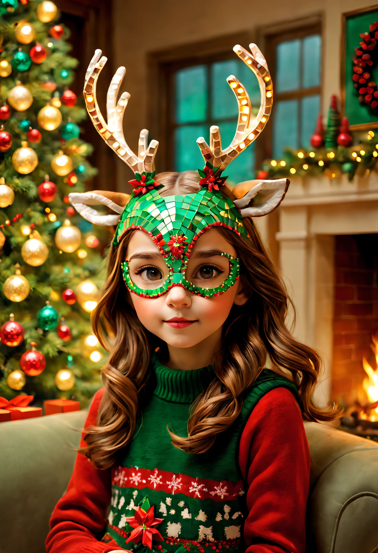 one-girl ,(A cute deer mask，Christmas material for mosaics:a mosaic,cute big breasttra detail:Cosy and comfortable living room, Colorful Christmas lights, A beautifully decorated Christmas tree, crackling fireplace; Picture quality:(Best quality at best, A high resolution, actual:1.37), vivd colour, Focus sharp; art-style: vacation, mosaic art, Christmas atmosphere, festive; shades:a warm color palette, red and green accents; lamplight:The soft, warmly lit.