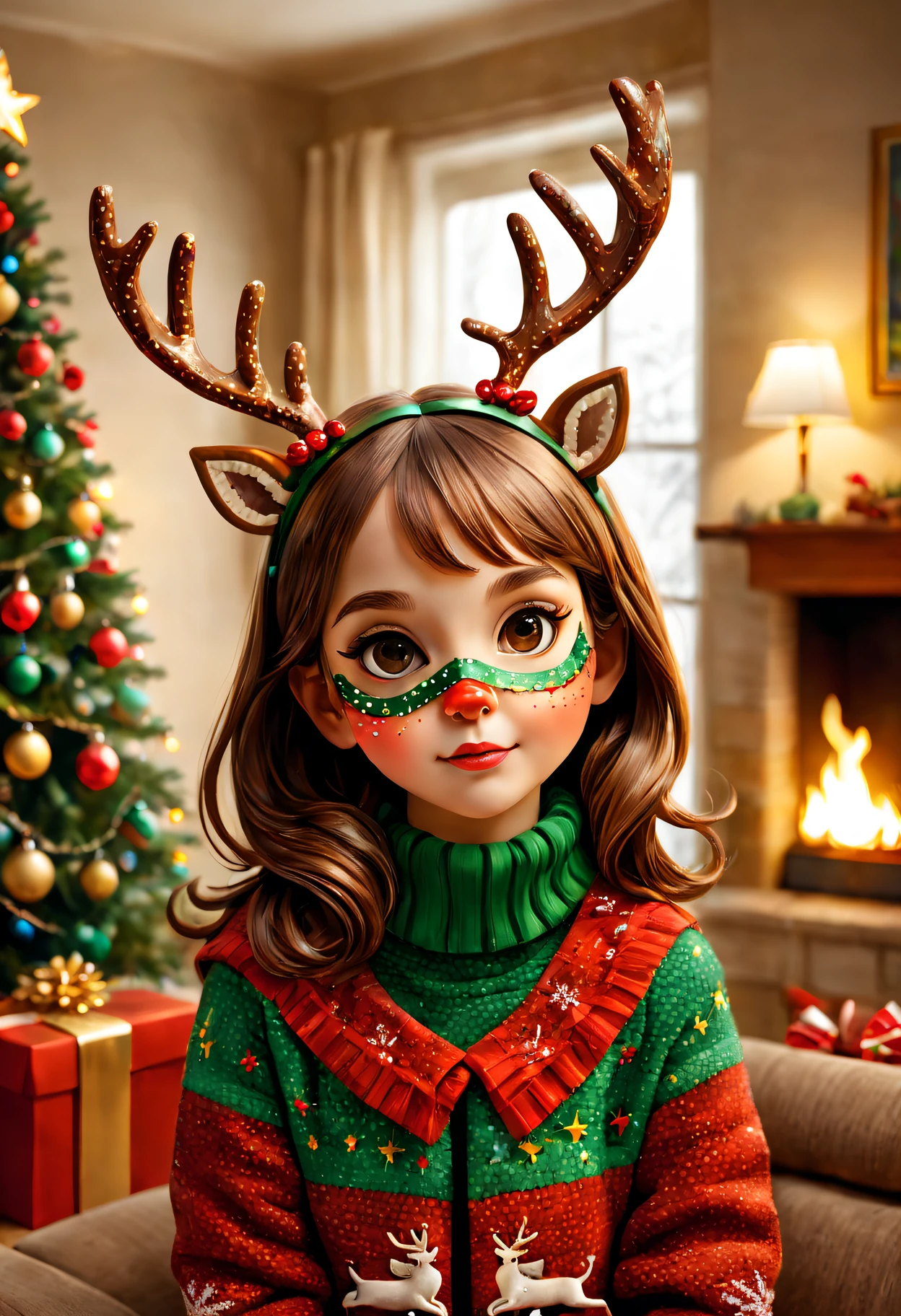 one-girl ,(A cute deer mask，Christmas material for mosaics:a mosaic,cute big breasttra detail:Cosy and comfortable living room, Colorful Christmas lights, A beautifully decorated Christmas tree, crackling fireplace; Picture quality:(Best quality at best, A high resolution, actual:1.37), vivd colour, Focus sharp; art-style: vacation, mosaic art, Christmas atmosphere, festive; shades:a warm color palette, red and green accents; lamplight:The soft, warmly lit.