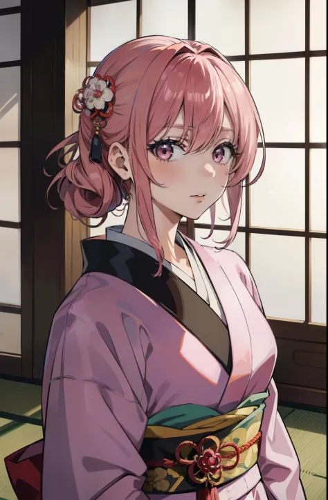 (masterpiece, flawless quality:1.2, anime style), kimono, mature, pink hair, sad, formal, tied up hair, hair accessories, japane...